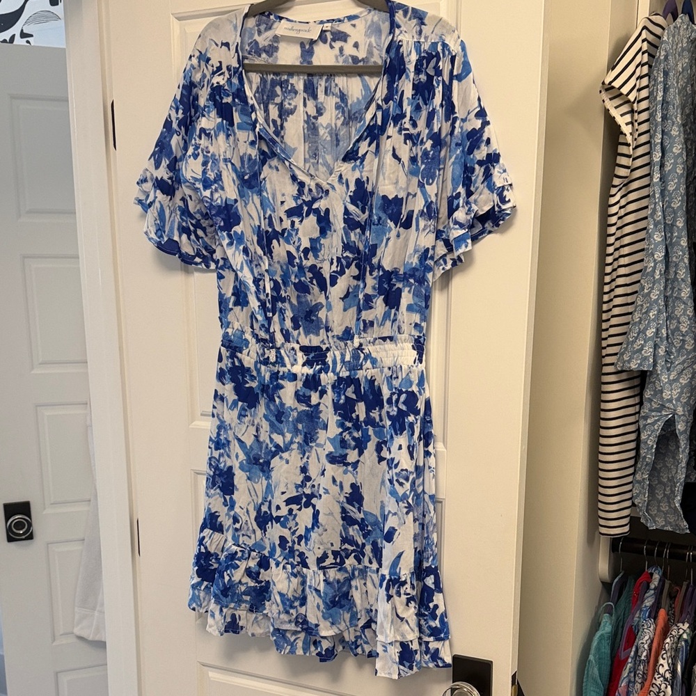 Blue Floral V-Neck Ruffle Mini Dress